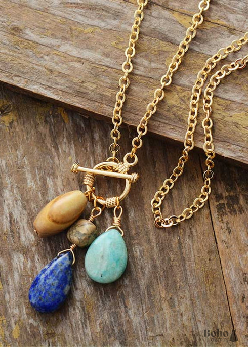 Boho Necklace, Triple Blue Jasper, Amazonite and Lapis Pendant